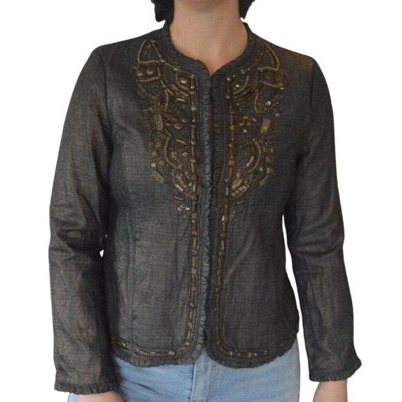 Chicos Beaded Metallic Jacket Size 1 Women's M  Embellished Front  Ruffle Edges - Picture 1 of 10